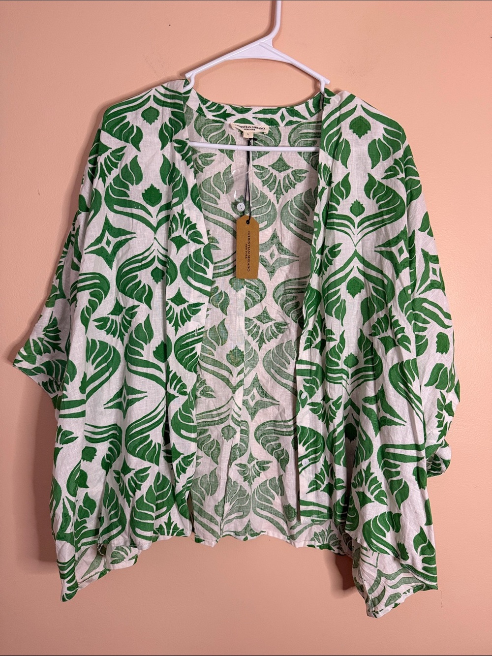 Christian Siriano White and Green Botanical Open-Front Shirt